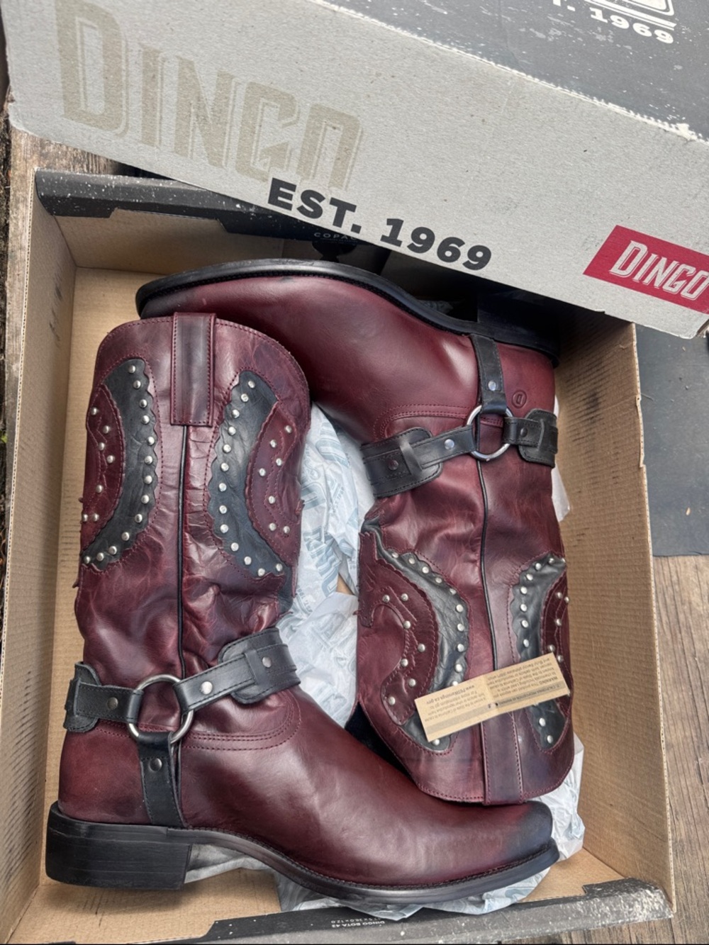 Dingo Burgundy Leather Studded Harness Boots
